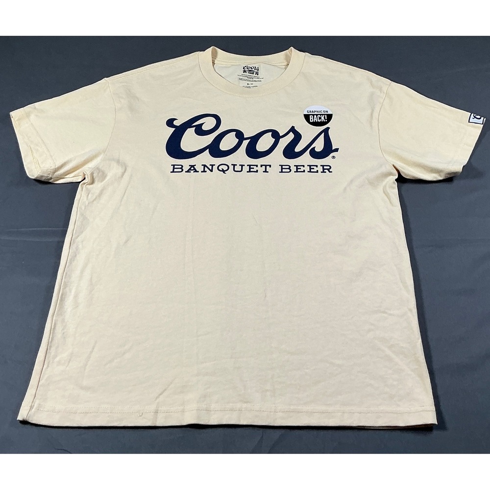 Coors Banquet‎ Beer Graphic T-Shirt Mens Small Cream Vintage Style Stubby Bottle